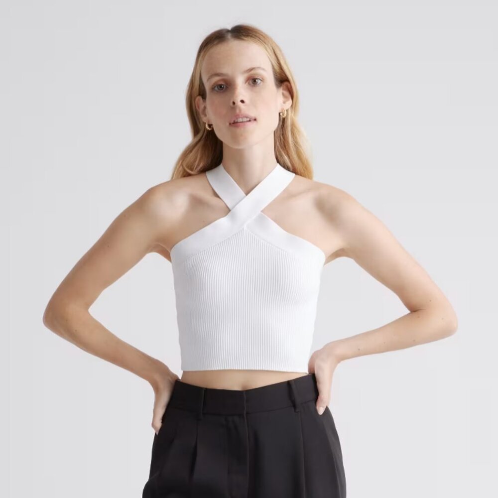Quince Cropped Halter Ribbed Knit Tank Top - White